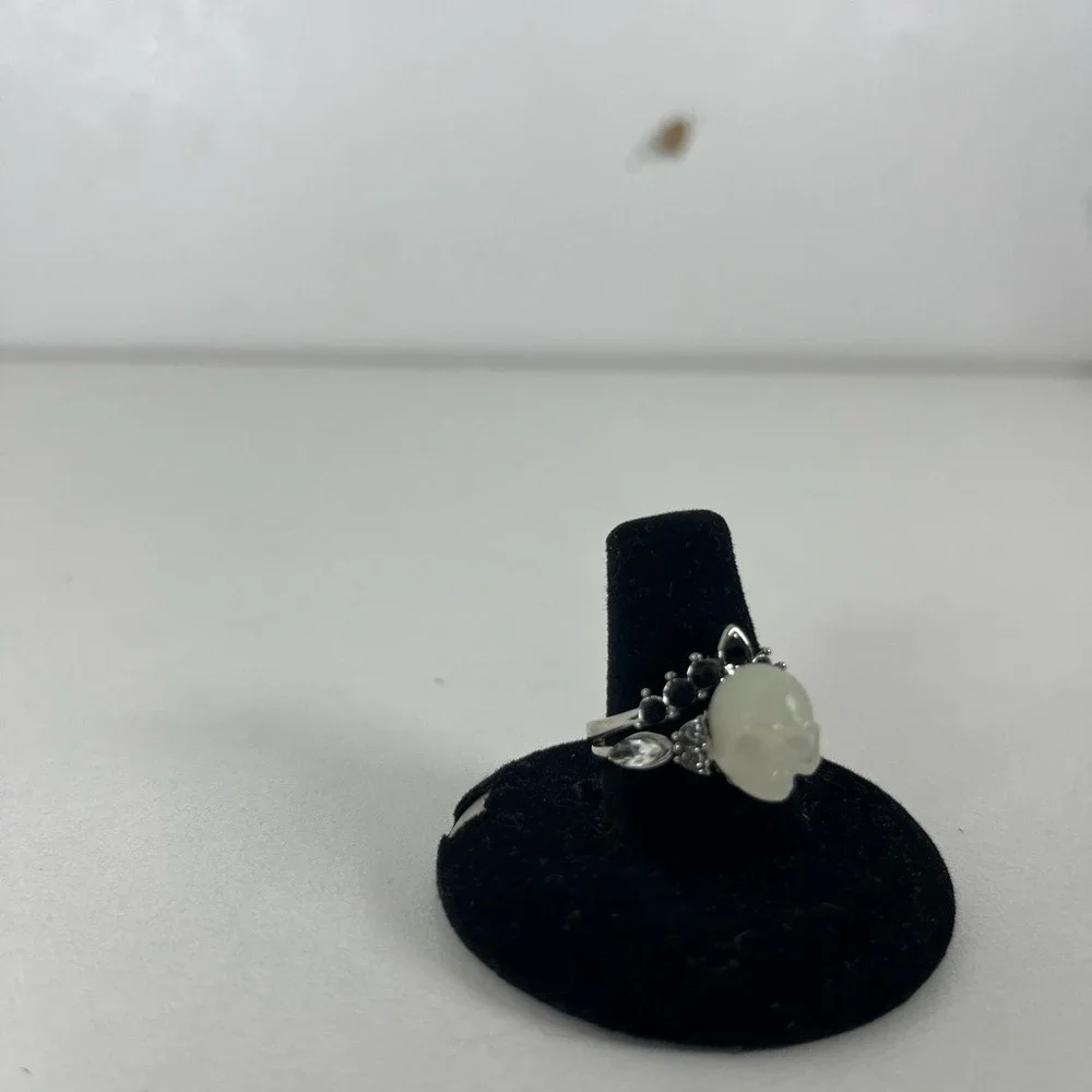 Silver Tone White Skull Ring Black Crystal Crown Gothic Statement Jewelry‎